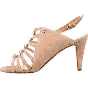 Chanel Beige Suede Interlocking CC Logo Pearl Slingback Sandals
